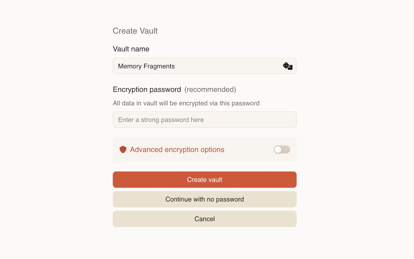 Vault creation screen